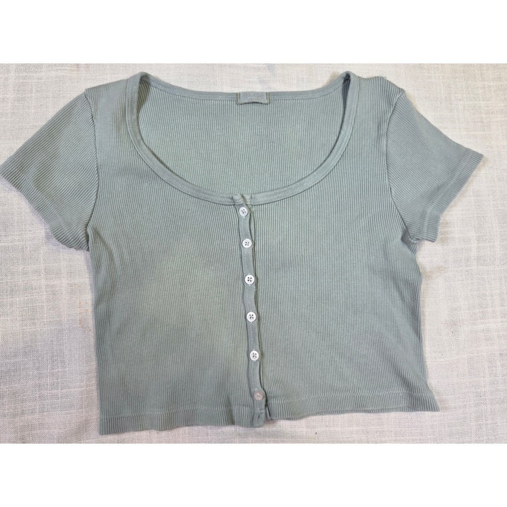 John Galt Brandy Melville Sage Green Ribbed Button Front Crop Top Short Sleeve